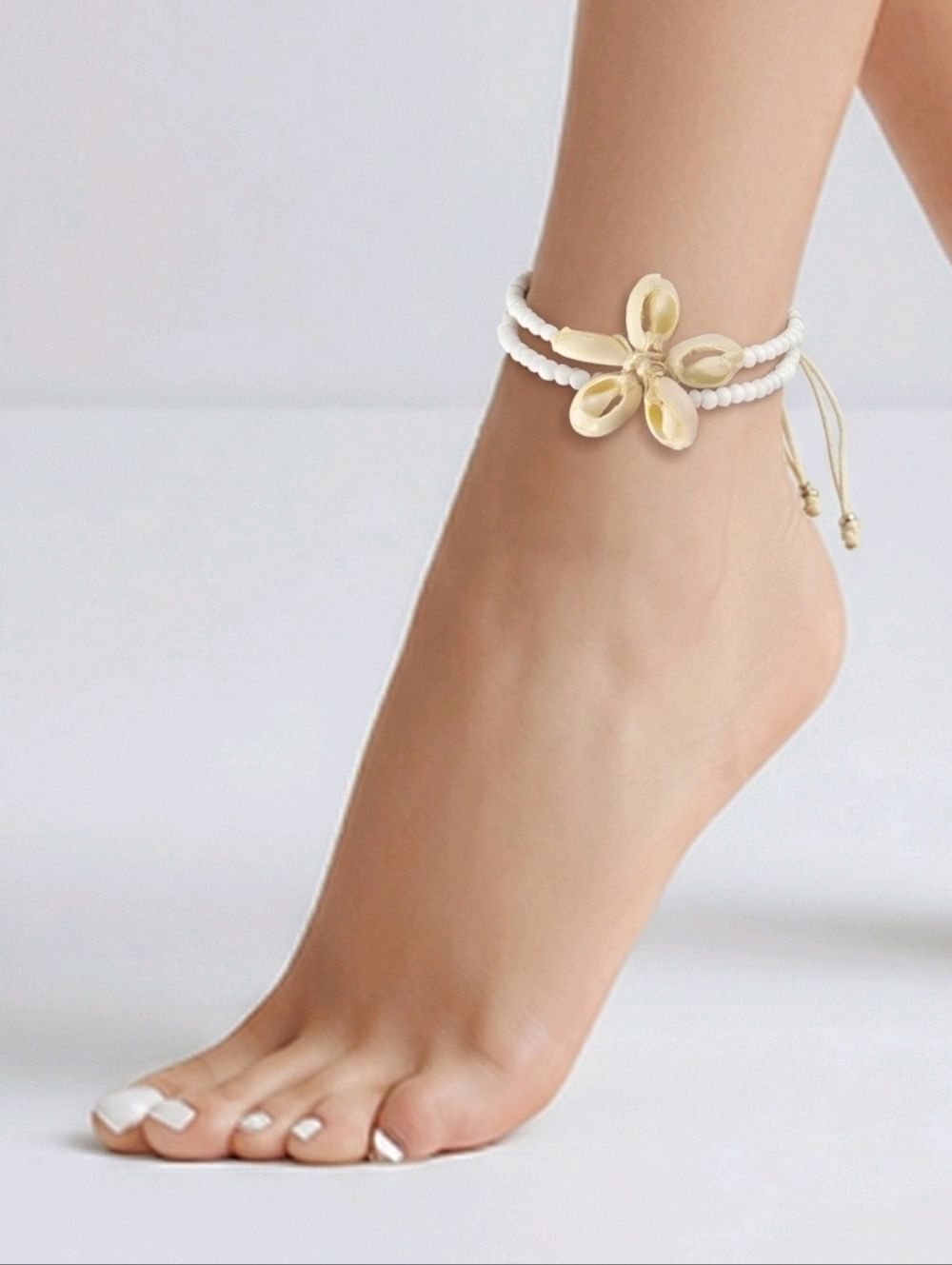Coastal Minimal Cowrie Shell Flower Anklet Neutral Beaded Adjustable Beach Luxe